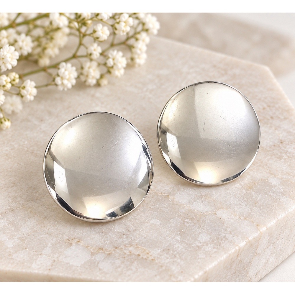 Mexican 925 Sterling Silver Domed Disc Button Stud Earrings Modernist 7.27g